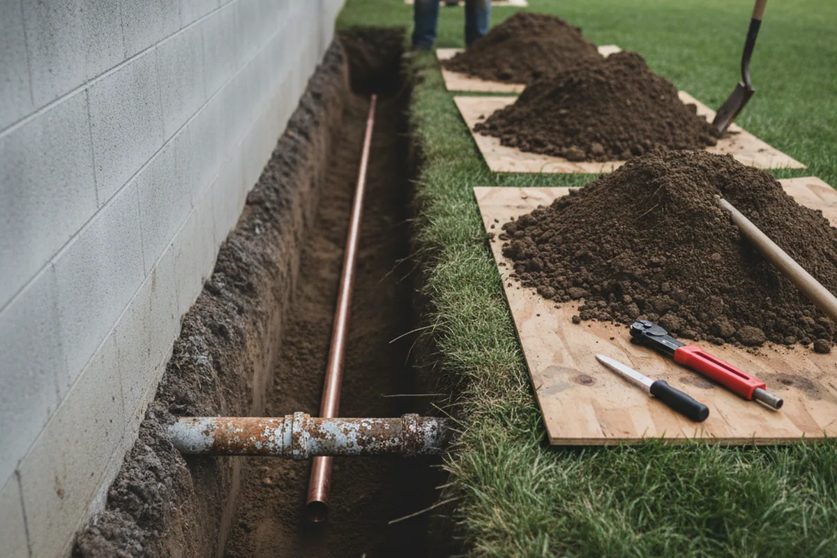 Excavated water line trench during Water Heater Repair in Westhampton